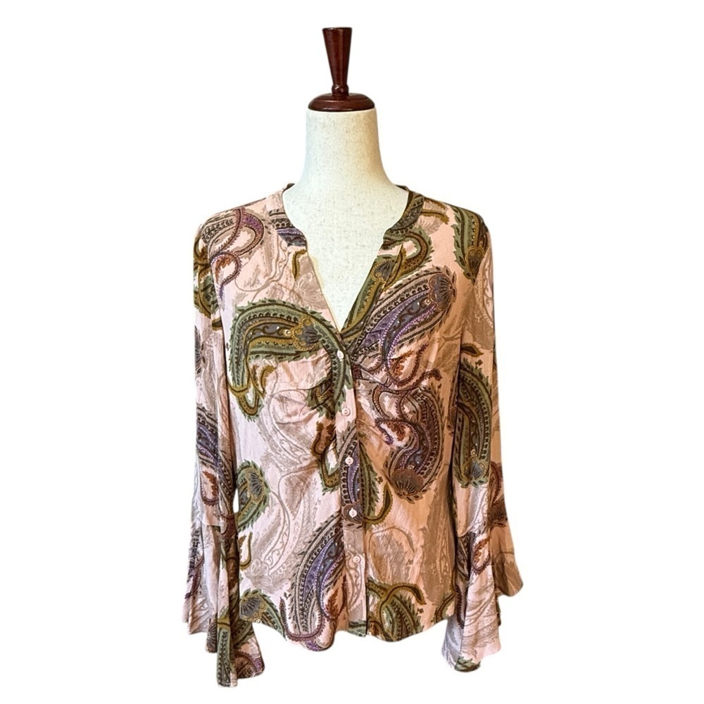 DR2 Paisley Print Button Front V-Neck Flutter Sleeve Top Pink Green Size M #1497